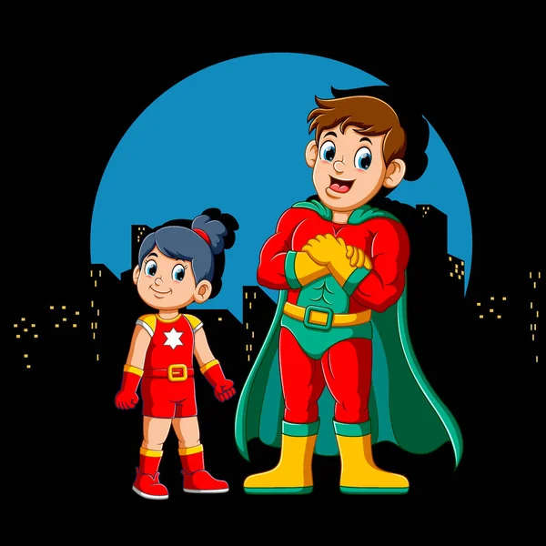 Cartoon Superheld Man Zijn Dochter Van Illustratie — Stockvector
