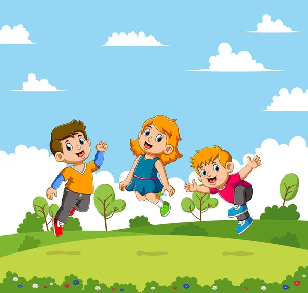 Niños Niñas Saltando Hermoso Jardín Ilustración — Vector de stock