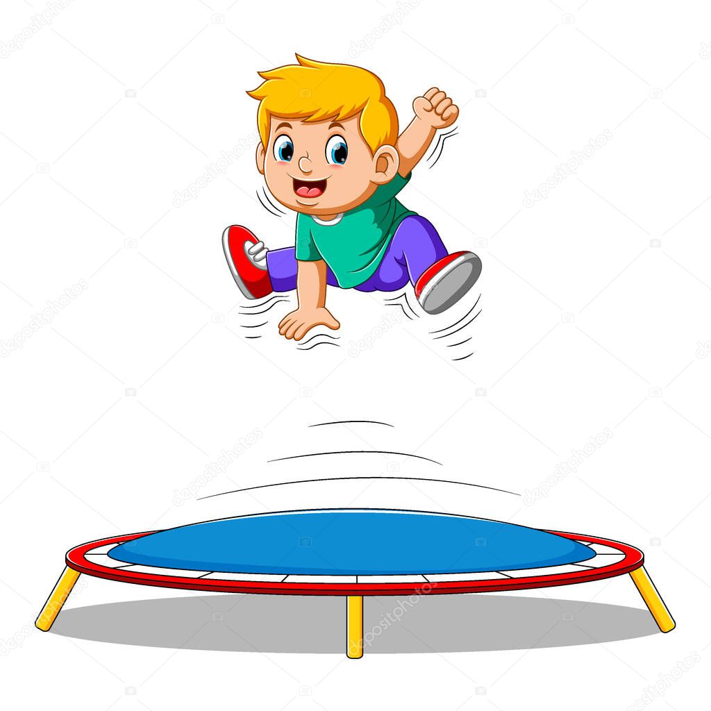 Cute Little boy jumping on trampoline of illustration