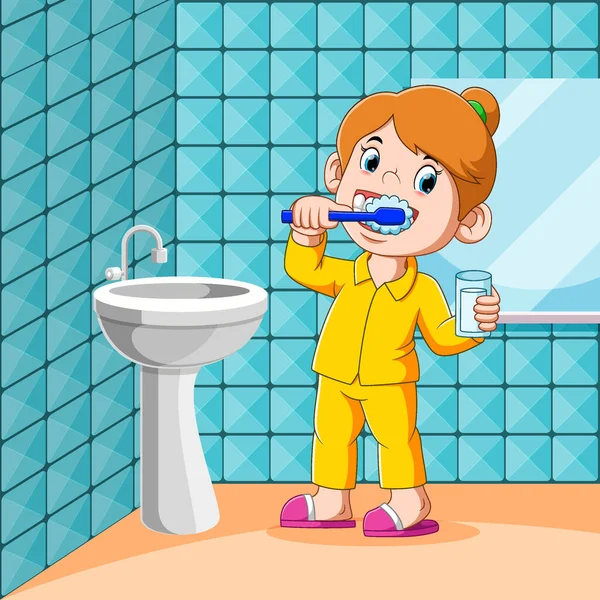 Dziewczyna Myje Zęby Toalecie Przed Snem — Wektor stockowy