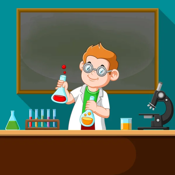 Ilustrace Profesora Provádějícího Chemický Experiment Laboratoři — Stockový vektor
