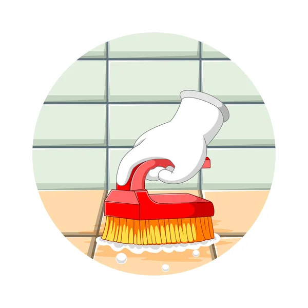 Ілюстрація Руки Очистити Підлогу Туалеті Маленькою Щіткою — стоковий вектор