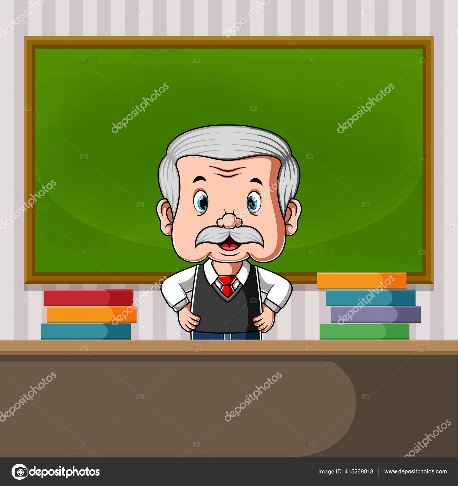 机の後ろに立っている先生のイラストは本がたくさんあります ストックベクター ©hermandesign2015@gmail.com 415269018, image size:1600x1700