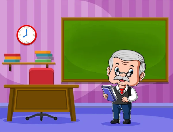 Animación Del Profesor Sosteniendo Libro Enseñando Delante Clase — Vector de stock