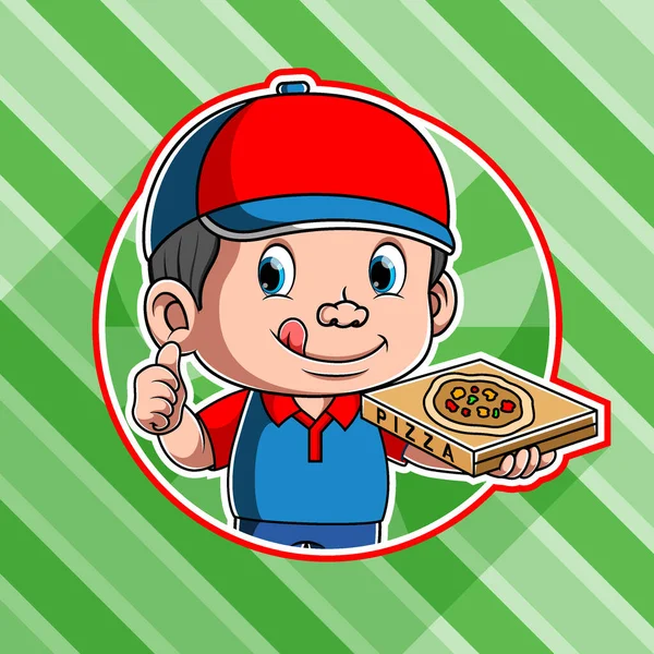 Animáció Finom Pizza Futár Szállítás Használja Piros Kék Sapka — Stock Vector