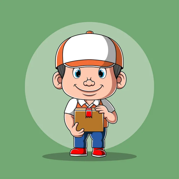 Animation Courier White Cap Holding Box Package — Stock Vector