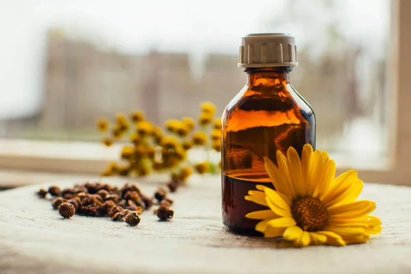 Herbal tincture in pharmacy bottle and yellow flower of calendula with tansy at background and wild dry berries at linen textile, alternative medicine — Stock Photo, Image