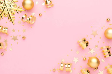 Noel pembesi. Birçok parlak altın konfeti, dekoratif kar tanesi ve pembe arka planda kurdeleler. Kutlama şablonu.