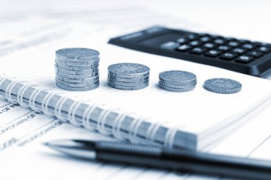 Para sayma konsepti. Not defterinde ve mali raporda paralar, kalemler, hesap makineleri yakın plan.