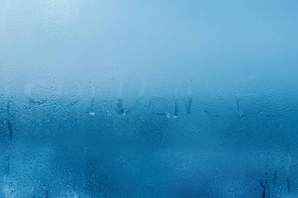 Inskriften Kondenserar Glas Närbild Med Kondens Bakgrund Med Vattendroppar Hög — Stockfoto