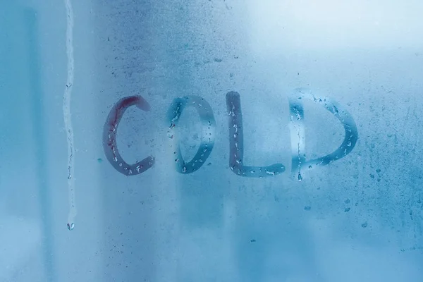 Напис Холодний Склі Крупним Планом Конденсатом Тло Краплями Води Висока — стокове фото