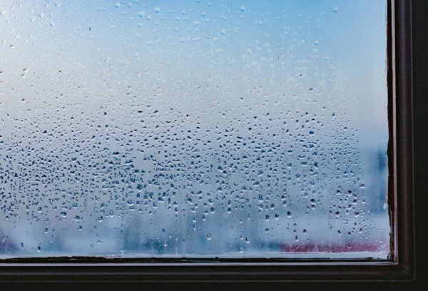 Strong Humidity Wintertime Water Drops Home Condensation Window Misted Glass — Stock Photo, Image