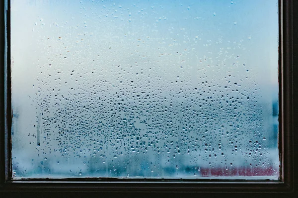 Forte Humidité Hiver Eau Tombe Condensation Maison Sur Fenêtre Fond — Photo