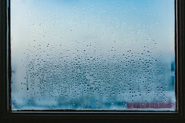 Strong Humidity Wintertime Water Drops Home Condensation Window Misted Glass — Stock Photo, Image