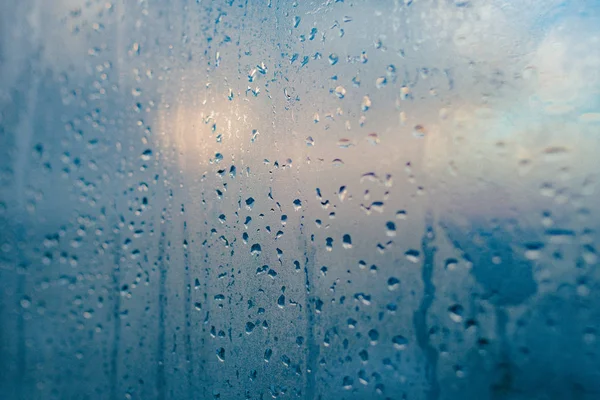 Strong Humidity Wintertime Water Drops Home Condensation Window Misted Glass — Stock Photo, Image