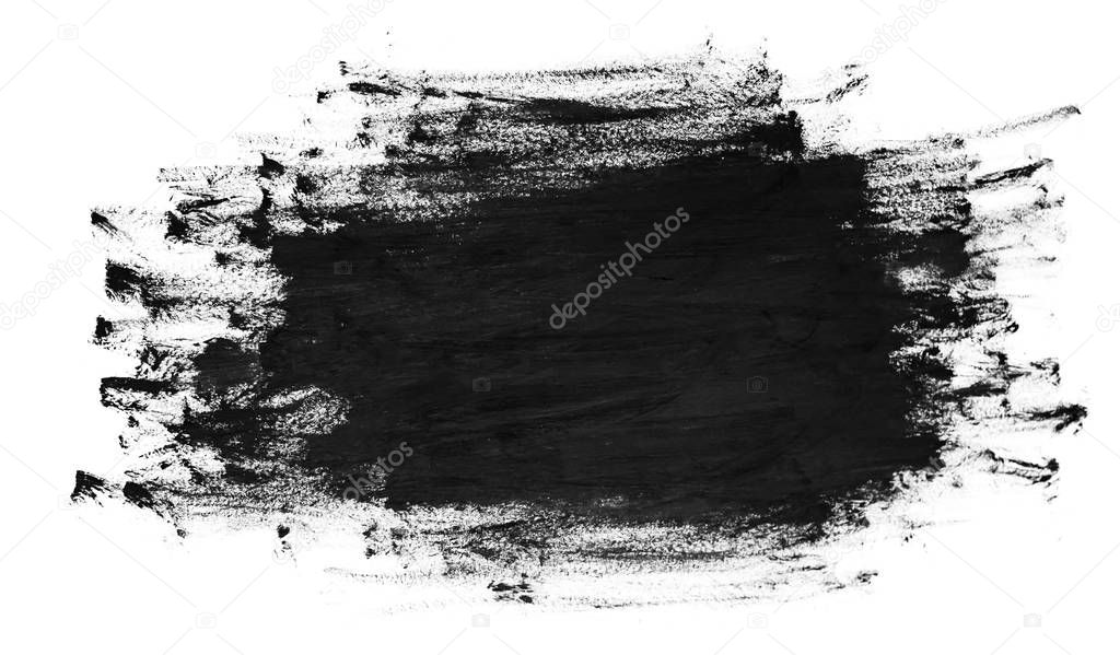 Black brush strokes on white paper. Dark abstract watercolor paint texture