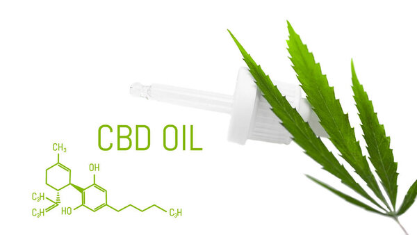 Капельница с марихуаной CBD изолирована. Зеленый лист конопли. Медицинская
