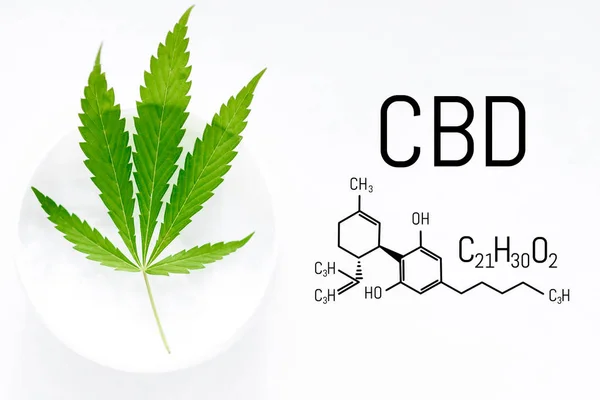 CBD Crema de cannabis con hoja verde marihuana. Estructura molecular — Foto de Stock