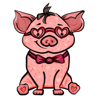 Kalbi ve gözlüklü pembe domuz. Tatlı aşk hissi. Yeni yılın sembolü 2019. Sevgililer Günü. Vektör illüstrasyon. - Vektör