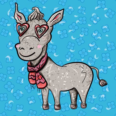 Atkılı ve gözlüklü, kalpli eşek. Sevgililer Günü kartı. Aşk ziyafeti. Vektör illüstrasyon. - Vektör