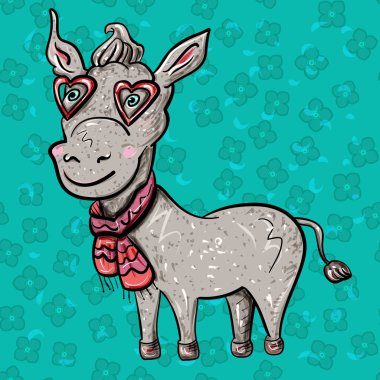 Atkılı ve gözlüklü, kalpli eşek. Sevgililer Günü kartı. Aşk ziyafeti. Vektör illüstrasyon. - Vektör