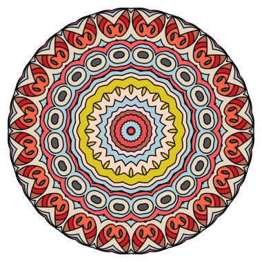 Mandala ile süs renk kartı. Süs yuvarlak desen. Renkli vektör simetri yuvarlak tasarım. Vektör grafikleri