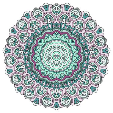 Yuvarlak mandala süsü. Simetri öğesi tasarla. Oryantal zarif desen. Stilize etnik renkli mandala. Vektör grafikleri