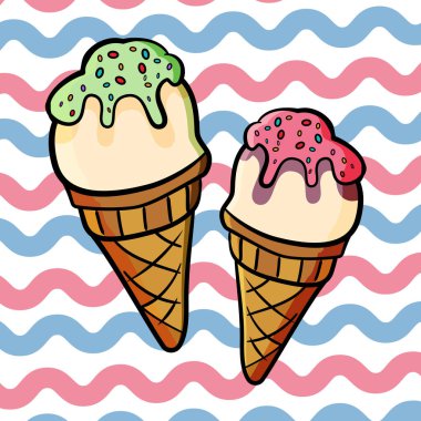 Çizgili renkli bir zemin üzerinde Doodle karikatür dondurma illüstrasyon. Herhangi bir amaç için büyük tasarım. Doğum günü partisi. Yaz, tatlı yemek. Renkli vektör illüstrasyon. - Vektör çizimi.