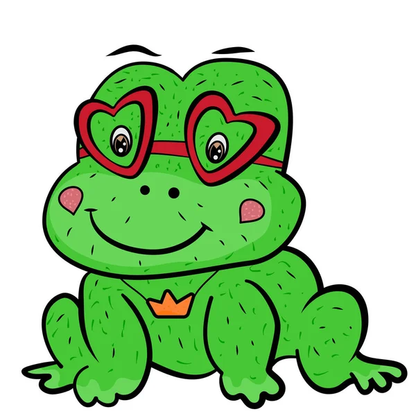 Cute Cartoon Frog Prince bajki z okularami w kształcie serca i dekoracji wisiorek korony. Walentynki. Mały ładny zielony żaba uśmiecha się. Słodki uczucie miłości. Wektor Illustra — Wektor stockowy