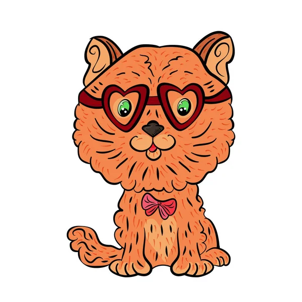 Gato jengibre con gafas en forma de corazón y pajarita. Día de San Valentín. Ilustración vectorial brillante. Gato aislado sobre fondo blanco. El dulce sentimiento de amor. Ilustración vectorial para postal o pos — Vector de stock