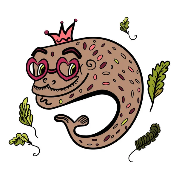 Un cartone animato illustrazione di un pesce con occhiali a forma di cuore. Pesce con una corona in testa. Il pesce nuota tra le alghe. San Valentino. La dolce sensazione dell'amore. Illustrazione vettoriale per po — Vettoriale Stock