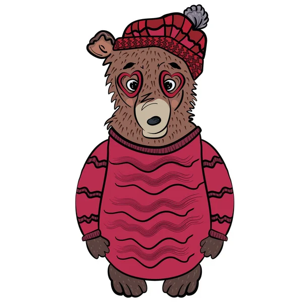Cute winter teddy bear with glasses in shape of heart and in burgundy beret. Bear in a long crimson sweater. Fashion animals. The sweet feeling of love. Valentine's Day. Illustration for poster, case, — Stock Vector