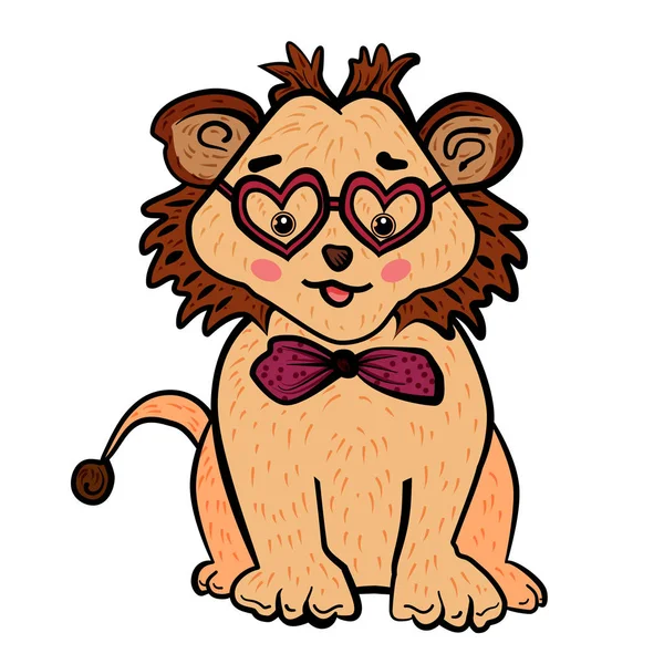 Lindo león con gafas en forma de corazón y pajarita. Feliz día de San Valentín. Linda caricatura Leo. El dulce sentimiento de amor. Día de San Valentín. Ilustración vectorial para postal o póster, impresión para ropa — Vector de stock