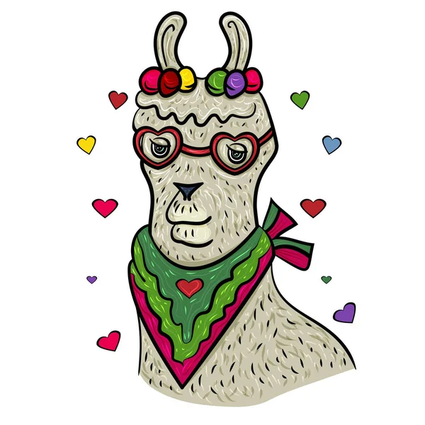 Schattig Lama gezichten. Happy Valentine's Day. Lama met hart en glazen. Lama Alpaca. Het zoete gevoel van liefde. Voor poster, koffer, textiel, uitnodiging etc. Aftelkalender voor Valentijnsdag. Vector illustratie. -Vector — Stockvector