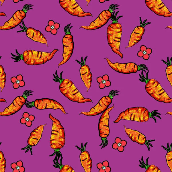 Motif sans couture avec des carottes mignon orange sur fond violet. Il peut être utilisé pour l'emballage, le papier d'emballage, le textile et etc. Fond vectoriel. - Vecteur — Image vectorielle