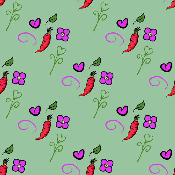 Patrón sin costuras con zanahorias y lindo naranja, corazón y flor sobre fondo verde. Se puede utilizar para el embalaje, papel de embalaje, textil y etc. Fondo vectorial. - Vector — Vector de stock