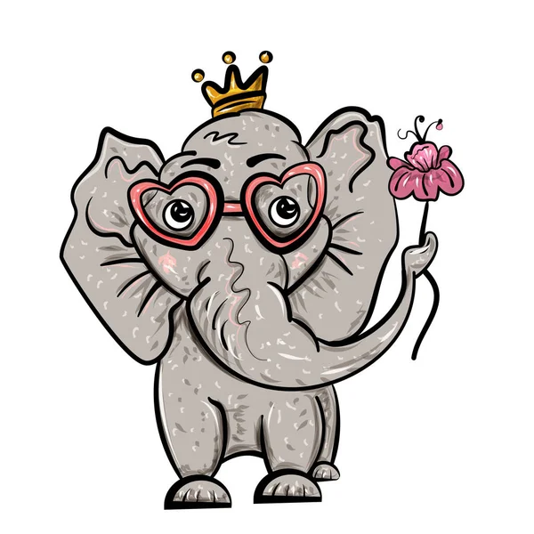 Elefante na coroa e com uma flor. Isolado em branco. Dia dos Namorados. Festa do Amor. Ilustração vetorial. - Vector —  Vetores de Stock