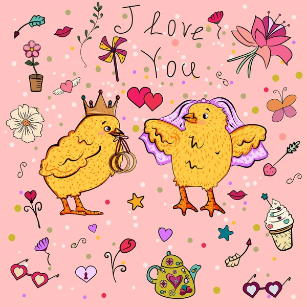 卡通风格的鸡。结婚卡上的两只鸟美丽的贺卡模板庆祝设计。可爱的鸡夫妇矢量插图已隔离。婚礼元素的收集 — 图库矢量图片
