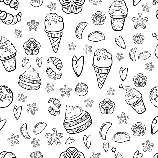 Vackert handritat set med mönster dessert för dekoration design. Handritad vektor illustration. Sömlöst mönster. Doodle stil och skiss illustration. Croissant, paj, glass, godis pops. Non — Stock vektor