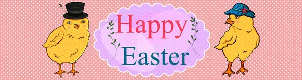 Bannière de Pâques avec deux poussins en chapeaux sur fond de point. Joyeux Pâques. Vecteur . — Image vectorielle