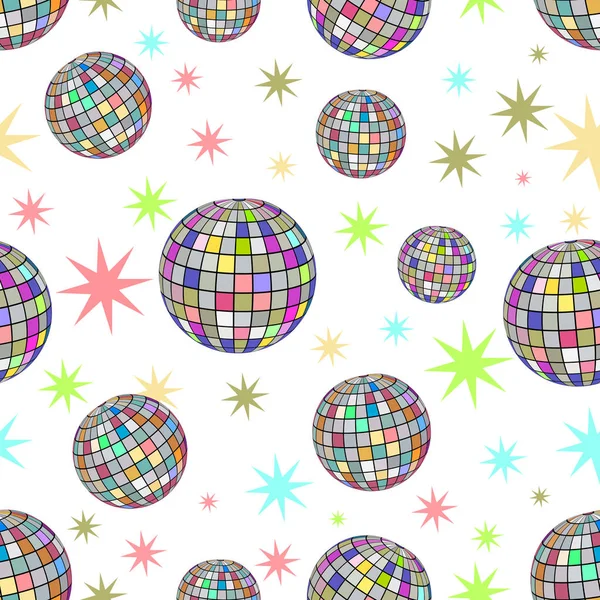 Disco Ball sömlösa mönster för nattklubb design. Snyggt mönster med färgstark discokula på transparent bakgrund. Vektor. Vektor illustration — Stock vektor
