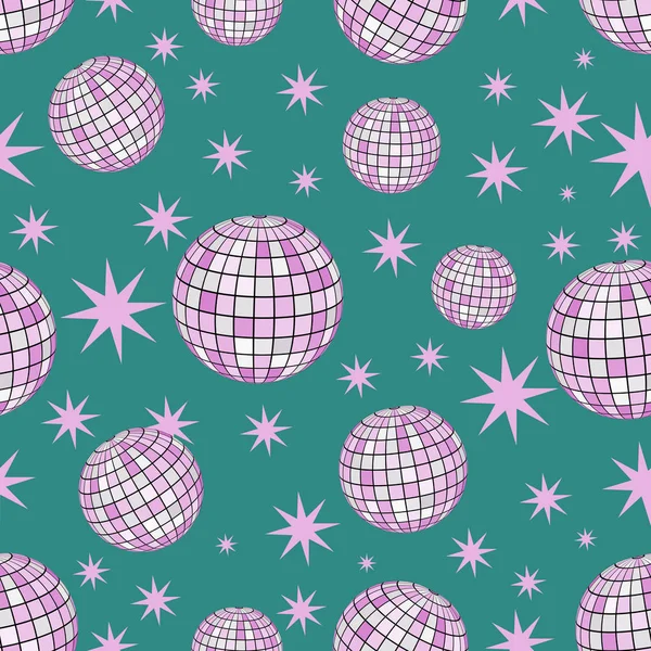 Disco ball seamless patterns for nightclub design. Stylish pattern with colorful disco ball on green background. - Vector. Vector illustration