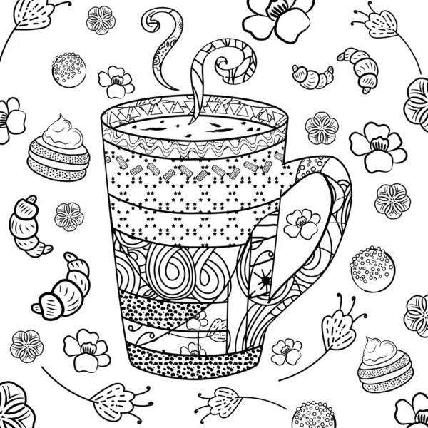 Чашка чая или кофе в стиле зенарт для раскраски страницы, в окружении выпечки и цветов. Чашка с абстрактными узорами в стиле zentangle, каракули. - Векторная графика . — стоковый вектор