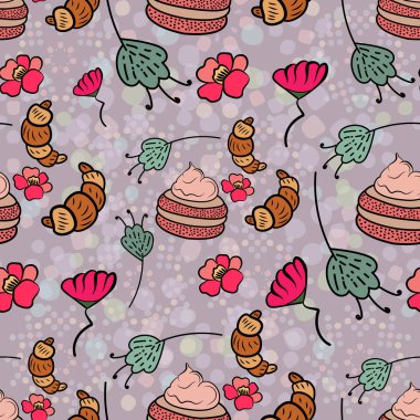 Kruvasan, kek, çiçek ve yeşillik ile dikişsiz doku. Çok renkli polka noktaları ile gri bir arka plan üzerinde pişirme. Vektör