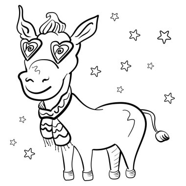 Eşek bir eşarp ve kalpleri şeklinde kalpleri ve gözlük ile gözlük ile. Yalıtılmış nesne. Sevgililer Günü kartı. Aşk ziyafeti. Vektör illüstrasyon. - Vektör