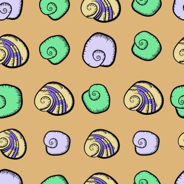 Herhangi bir amaç için kahverengi arka plan üzerinde deniz kabukları. Davetiyeler, tebrik kartları, posterler, baskılar, afişler, el ilanları vb. için mükemmel - Vektör