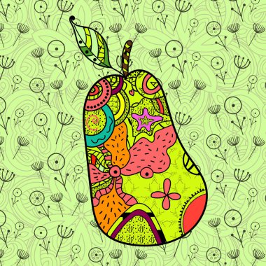 Doodle çiçekleri ile yeşil bir arka plan üzerinde zentangl sanat tarzında Armut. - Vektör