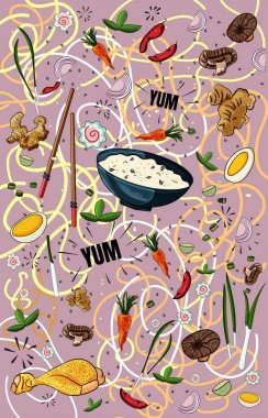 Asya Yemekleri ile Poster. Japon gıda illüstrasyon vektörü. Ramen, pirinç, erişte. - Vektör