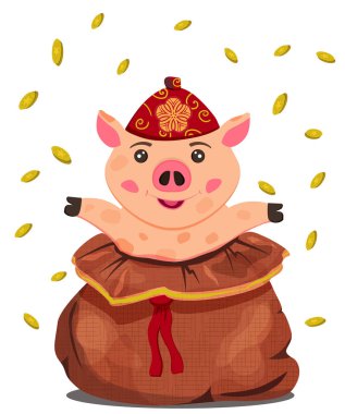 Bir çanta dolusu bozuk parada Çinli domuz. Servet ve zenginlik - Vektör