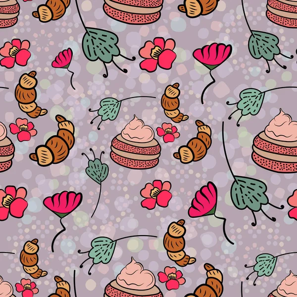 Textura sem costura com croissants, bolo, flores e folhagem. Assar em um fundo cinza com bolinhas multicoloridas. Vetor — Vetor de Stock